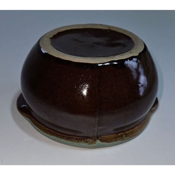 Vintage Brown Glazed Pottery Small Dish Bowl Turquoise Handles & Interior - Picture 5 of 7